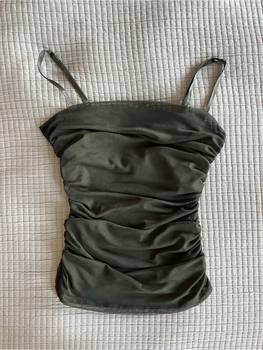 OPEN EDIT Olive Sheer Ruched Cami Tank Top
